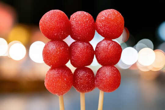 Glistening Sugar Coated Skewers with Red Fruit Balls in Night Scene