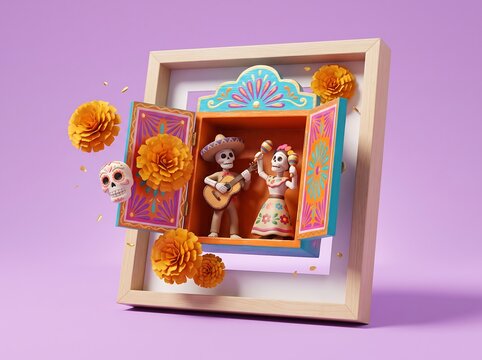 Dia de Muertos 3D Render of Skeleton Musicians in Mexican Folk Art Nicho