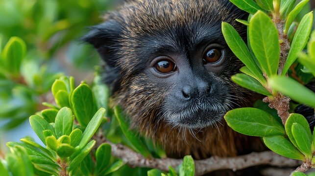 A curious Goeldi's monkey is peeking out from lush green foliage in a dense natural setting, capturing a moment of wildlife up close in its habitat