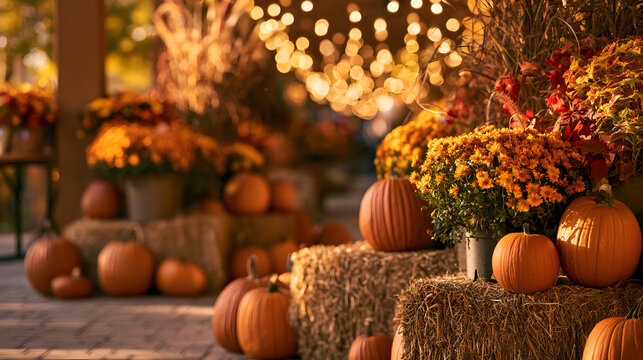 A picturesque autumn harvest market path with pumpkins, bales of hay, flower arrangements, and warm golden bokeh lights for fall festival promotion and seasonal advertising