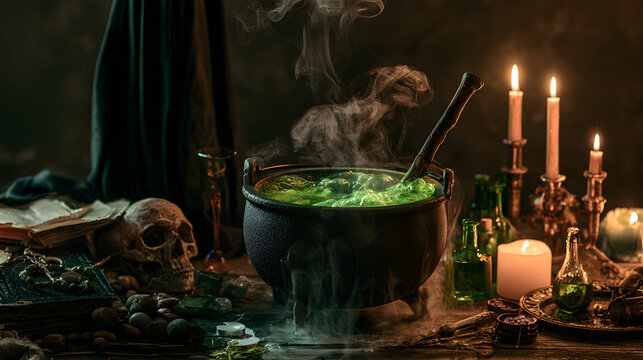 A dark fantasy witch's cauldron, filled with a green potion and surrounded by eerie smoke, sits atop a wooden table adorned with occult objects such as a skull, a spellbook, and lit candles, creating 