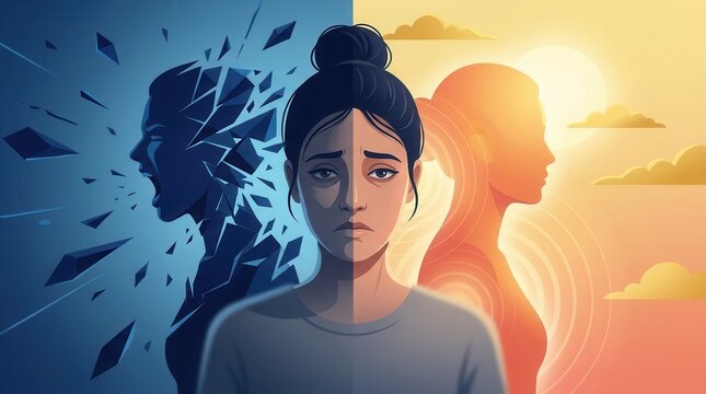 A woman facing internal conflict, sadness, anger, and inner peace representing borderline personality disorder.
