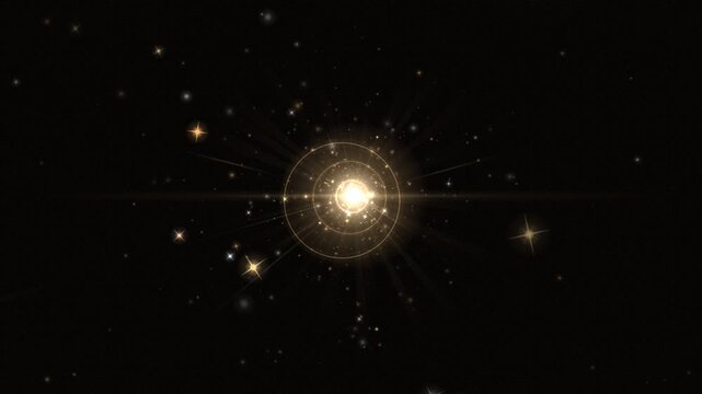 Radiant golden starburst center with sparkling particles and light