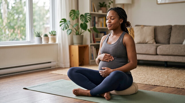 Black pregnant woman enjoying peaceful maternity yoga session at home. Expectant mother practicing deep breathing and meditation during maternity yoga session, focusing on wellness for pregnancy.