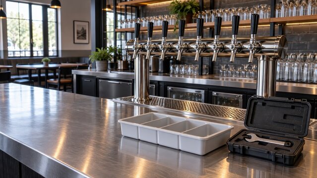 An empty component tray and packed faucet wrench sit below a restored draught tower at a closed restaurant bar after beer line servicing
