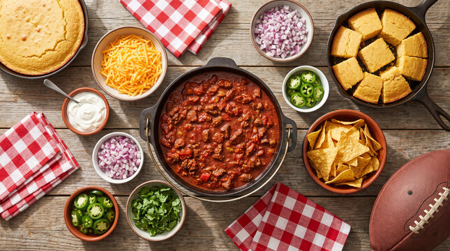 Overhead view of a game day chili bar with toppings, cornbread and an american football on a rustic wooden table