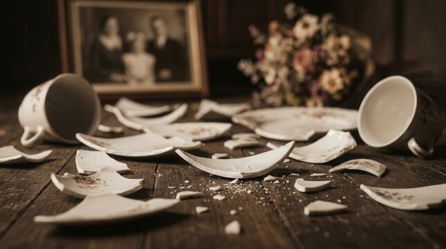 Shattered ceramic plates and broken cups lying on a rustic wooden surface in soft light.
