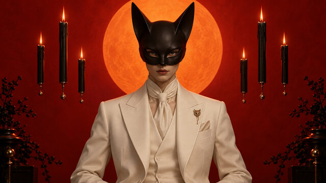 Surreal Halloween portrait of a black cat-headed figure in a cream suit with floating candles and an orange moon, ideal for posters, banners, cards and seasonal advertising.