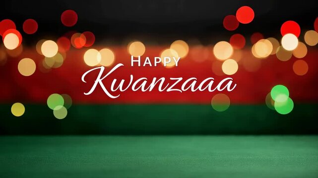 Happy kwanzaa greeting with red, black, and green bokeh lights over a green tabletop elegant script text and warm festive celebration atmosphere