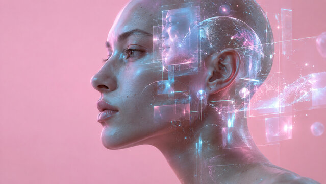Futuristic beauty portrait of an iridescent woman surrounded by floating glass crystals on a pink background, ideal for AI, beauty, technology and fashion advertising.