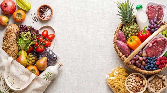 Healthy Grocery Background with Fresh Food, Fruits, Vegetables and Copy Space