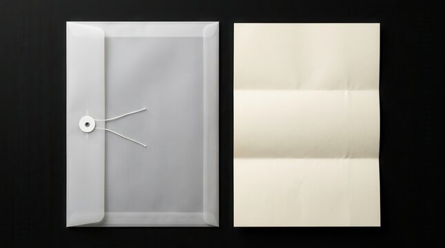 A translucent envelope with string closure and folded paper isolated on black.