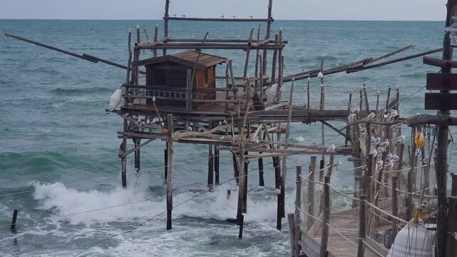Trabocco Turchino San Vito Chietino Costa dei Trabocchi Abruzzo Italy wooden bridge seagulls perched traditional fishing pier house waves sound ambient 4k video