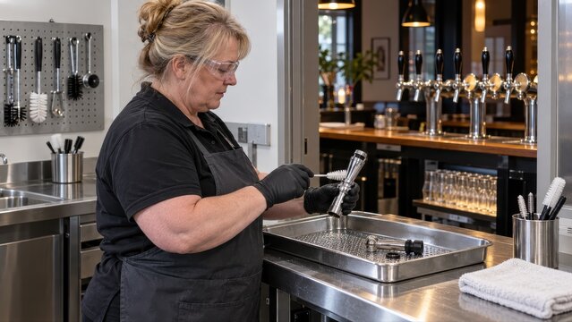 Technician brushes a detached draught faucet over a raised tray at a waist height service bench while preparing bar components for routine beer line maintenance