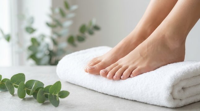 Relaxed bare feet on a soft white towel with fresh eucalyptus leaves, foot care concept.