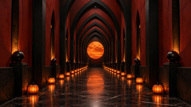 Mysterious gothic corridor with pointed arches, glowing candles and an orange moon portal, ideal for Halloween posters, fantasy backgrounds, banners and seasonal designs.