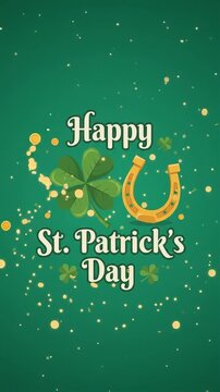 Happy St. Patrick's Day greeting with shamrock and horseshoe motion graphic, ai generated