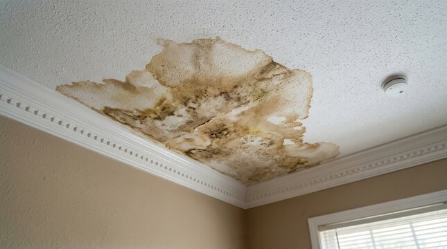Large brown water damage stain on a white ceiling from a leaking roof.