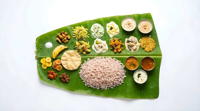 Traditional South Indian Sadhya meal served on a green banana leaf featuring red rice, variety of vegetable curries, sambar, rasam, papadum, and sweet payasam dessert for Onam festival celebration.