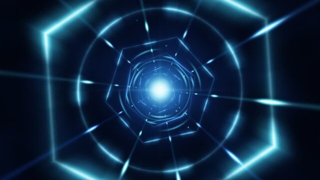 Futuristic Blue Neon Geometric Ring Tunnel Motion Background Loop
