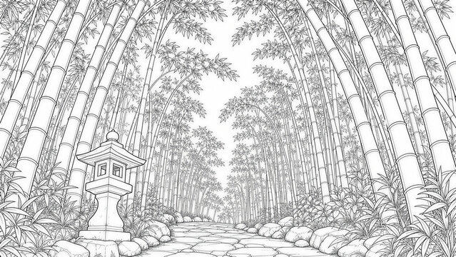 Japanese bamboo forest landscape line art illustration for adult coloring book, Kyoto Arashiyama bamboo grove scenery