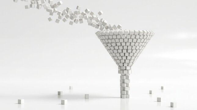 A white funnel made of cubes illustrates the concept of data filtering and information processing.
