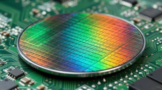 Iridescent rainbow colors on a silicon wafer grid pattern resting on a circuit board.