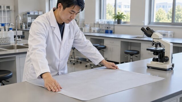 Technician flattens a clean protective mat on a teaching laboratory bench while a classroom microscope waits nearby for routine maintenance