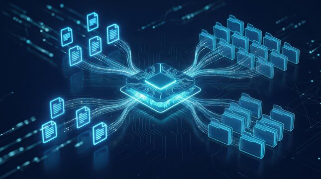 Abstract digital data processing concept featuring a glowing central processor unit connected with luminous lines to floating files and organized
