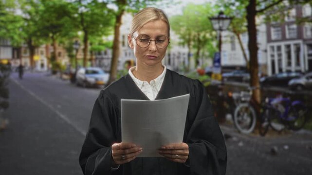 Woman judge reads court document, holding paper with both hands on a tree lined street; contemplation duty law.