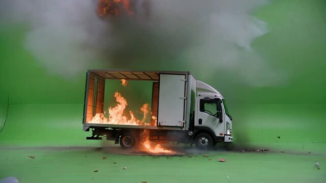 Violent truck explosion with massive fire and debris captured in dynamic high speed motion video clip