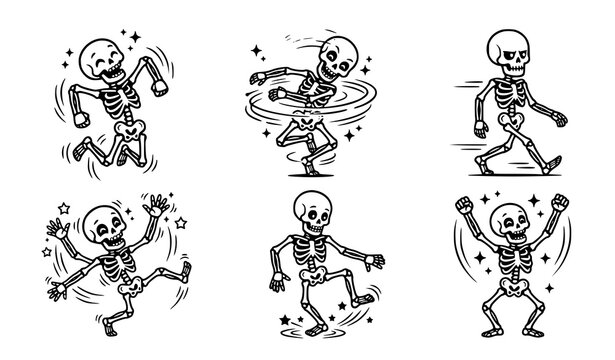 Dancing Skull Pose Collection Black Vector Sticker Set
