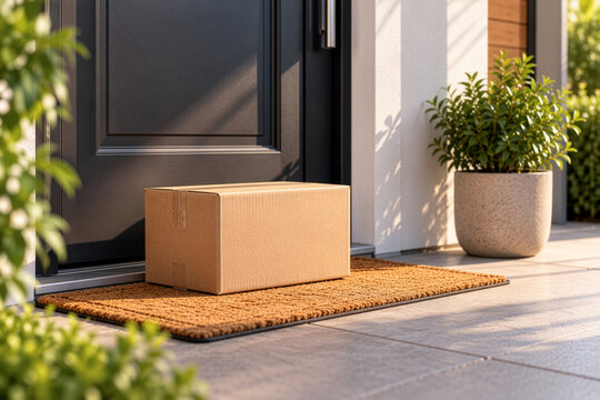 Unattended delivery package on doorstep posing package theft risk