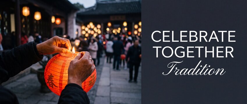 Chinese New Year lantern lighting celebration banner with copy space, hands holding match to ignite red paper lamp during Spring Festival, traditional Asian holiday greeting card graphic template.