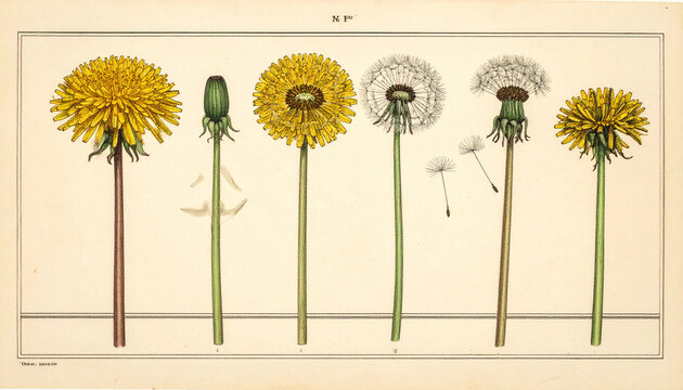Dandelion bud flower and seed clock shown in row on antique educational plate generative AI