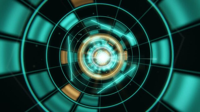 Abstract cyan and gold glowing digital technology tunnel motion
