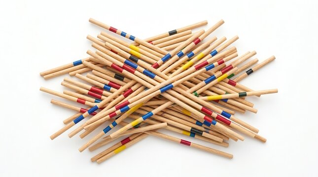 Natural eco friendly pick up sticks game with colorful wooden sticks.