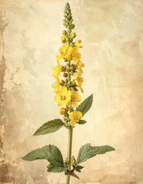 Mullein flowering stalk at full height in warm vintage chromolithograph botanical plate generative AI