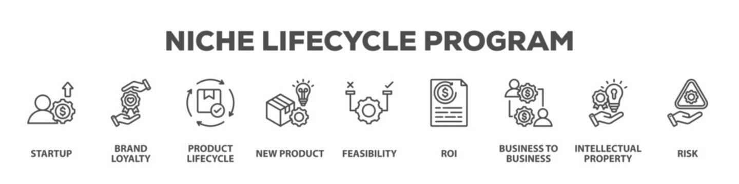 Niche Lifecycle Program with icon of Startup, Brand loyalty, Product lifecycle, New product, Feasibility, Roi, Business to business, Intellectual property, Risk