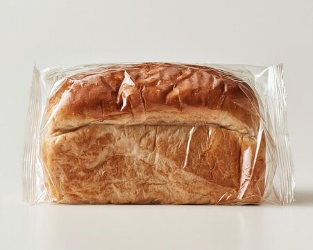 Loaf of bread in clear plastic packaging.