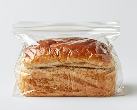 Freshly baked loaf of bread in clear plastic packaging.
