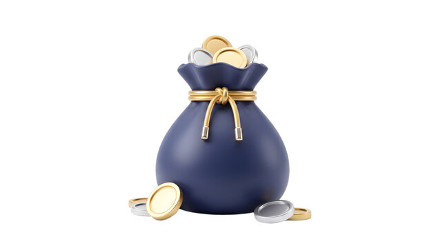 Money bag with gold and silver coins overflowing tied with golden rope isolated on a white background representing financial wealth and savings