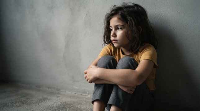 Sad little girl sitting alone against a grey wall