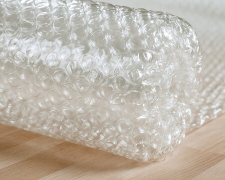 Roll of Clear Bubble Wrap on Wooden Surface
