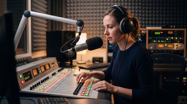 Female broadcaster leans toward microphone and fine tunes control board in radio studio. Surrounding speakers, meters and illuminated panels reinforce professional audio setting during broadcast