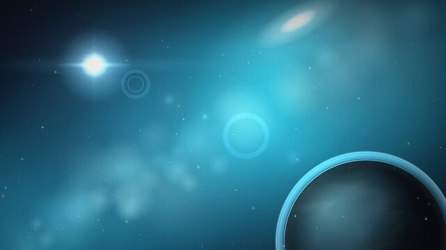 Cinematic blue space background with planet and glowing stars