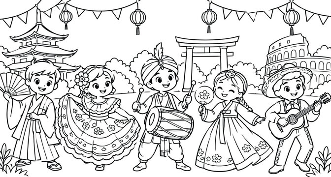 Multicultural kids in traditional costumes with world landmarks coloring book page line art vector for kids