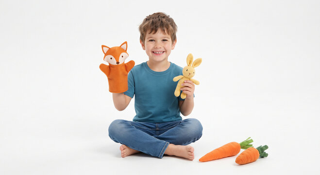 Young boy sitting on the floor playing with animal hand puppets and toys