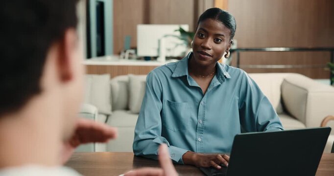 Client, woman and laptop in office for consulting, pre screening or background info for insurance. Listen, person and happy advisor with tech for risk assessment, main objectives and coverage options