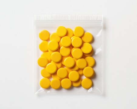 Yellow Round Tablets in Clear Plastic Bag